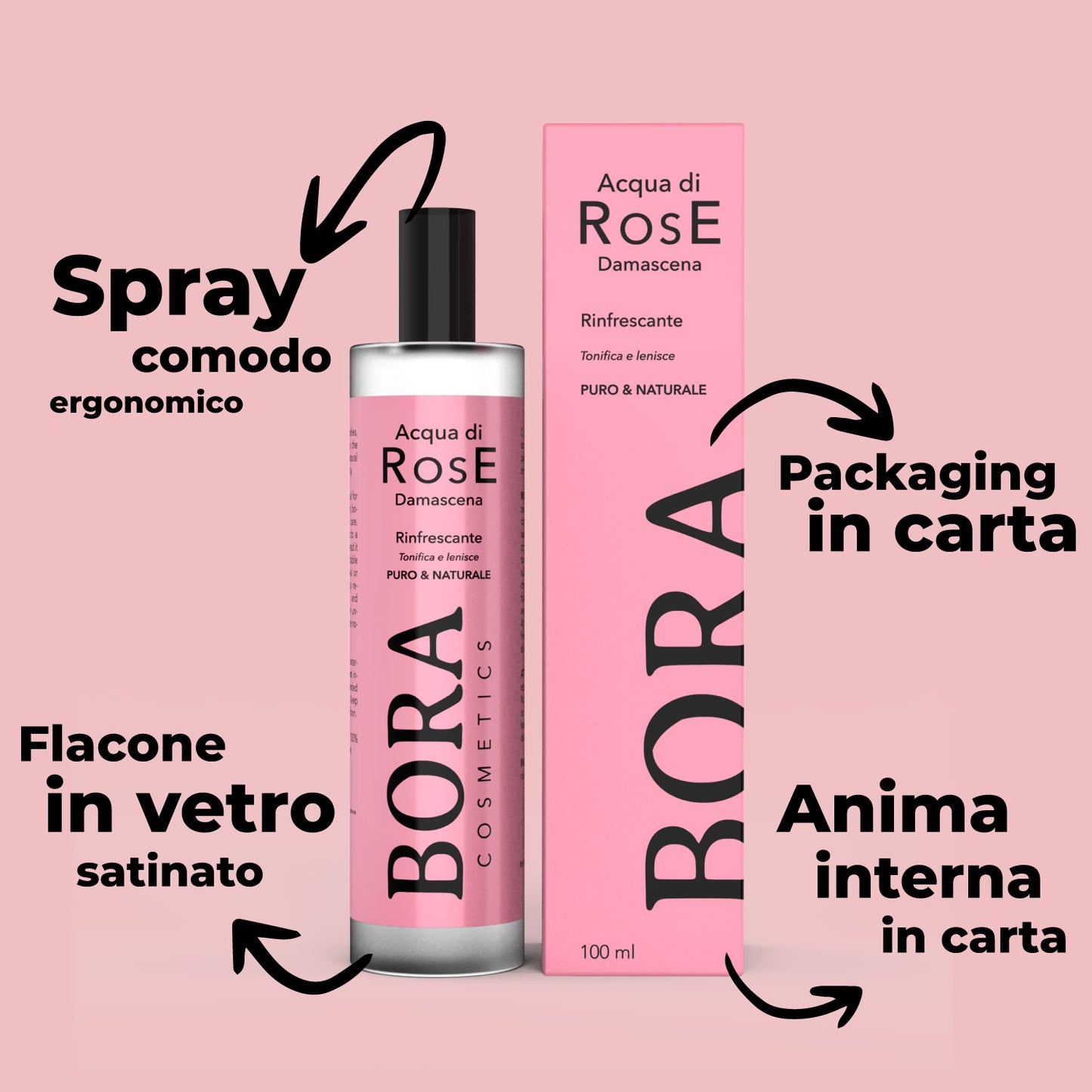 Acqua di Rosе Purа BORA (100ml) -100% Naturale, Vera Acqua di Rosa damascena, Puro e Naturale, Idrolato di Rose Naturali, Doppia Distillazione di Vapore Acqueo, Cosmetici Naturali, Rosa Naturale